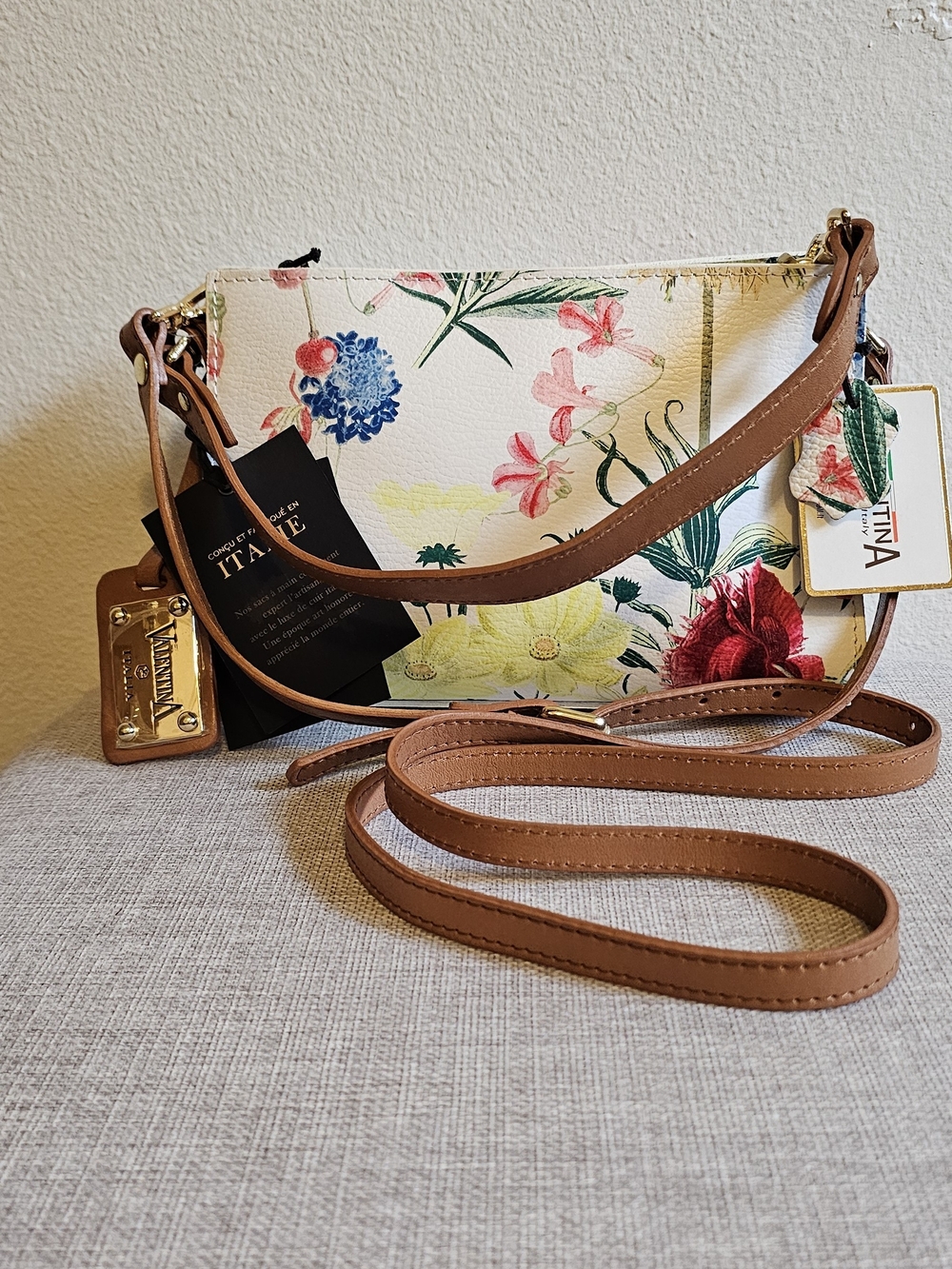 Valentina Floral Crossbody Bag in White with Brown Strap
